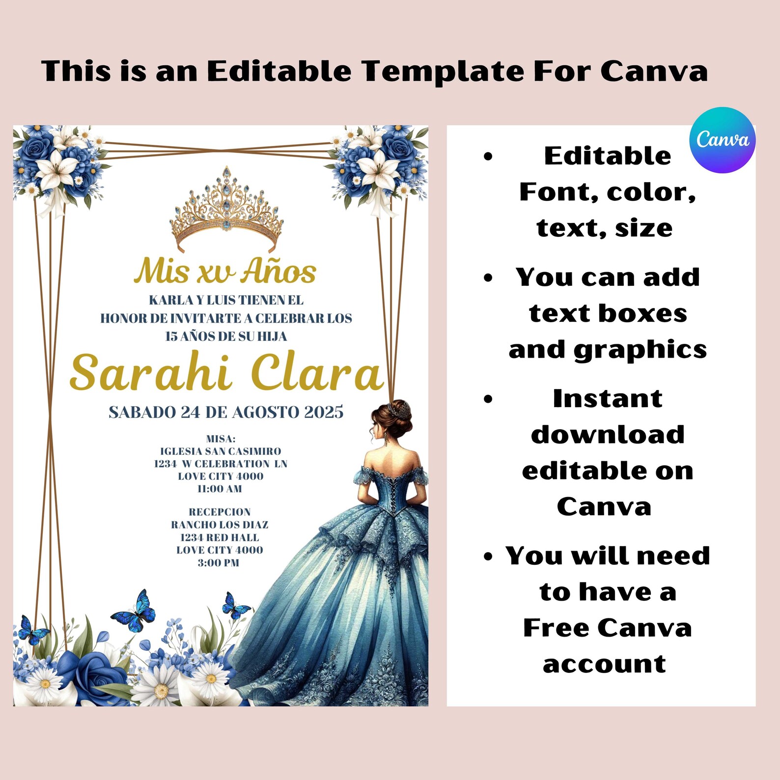 Royal Blue Quinceanera Invitation, Mis Quince, Canva Editable