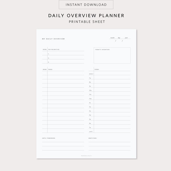 Daily Overview Planning Sheet - Printable File // Daily Organizer, Daily Planner, Organization, Mindful Planning, Undated Planner, Printable