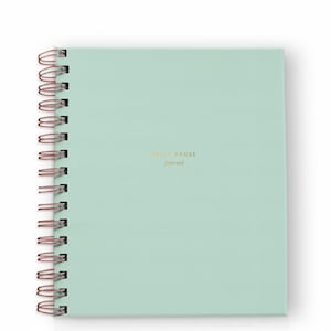 May include: A mint green spiral-bound journal with the words "DAILY PAUSE journal" in gold lettering. The spiral binding is rose gold. The journal is square and sits on a white background.