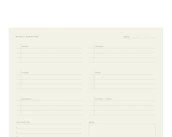 Könnte beinhalten: Ein cremefarbenes Wochenplaner-Notizblock mit minimalistischem Design. Der Block ist in Abschnitte für jeden Wochentag unterteilt, mit Platz für Notizen und oberste Prioritäten. Der Text "WEEKLY OVERVIEW" steht oben.