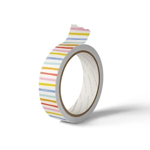 May include: A roll of decorative washi tape with a colorful striped pattern in shades of red, yellow, blue, and pink. The tape is partially unrolled, revealing the inner core. The brand name "RAMONA & RUTH" is printed on the tape's core.