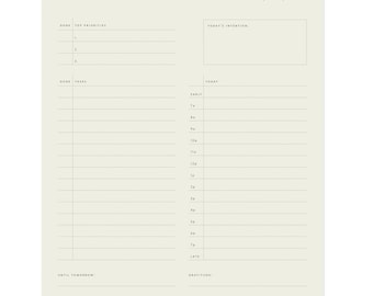 May include: A daily planner with sections for top priorities, tasks, today's intention, and gratitude. The planner also includes a time-based schedule for the day, with sections for early, late, and today.