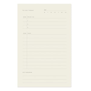 May include: A beige to-do list with the text "TO DO TODAY" at the top. The list includes sections for "PRIORITIES" and "TASKS" with checkboxes for marking items as done. There is also a section for "FOR TOMORROW".