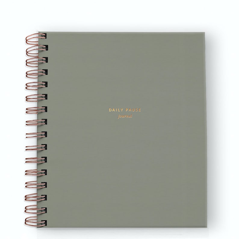 May include: A square, sage green journal with the words "DAILY PAUSE journal" in gold lettering. The journal has a copper-colored spiral binding along the left edge.