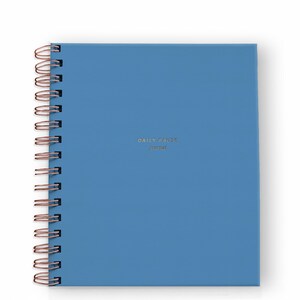 May include: A blue spiral-bound journal with the words "DAILY PAUSE journal" in gold lettering. The journal's cover is a solid, light blue color. The spiral binding is a copper color.