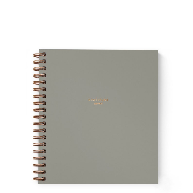 May include: A gray spiral bound journal with the text "GRATITUDE journal" printed in gold on the front cover.