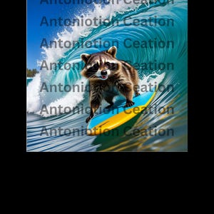 Puede incluir: Un mapache con una tabla de surf azul y amarilla monta una ola grande. El mapache mira a la cámara con una sonrisa traviesa.