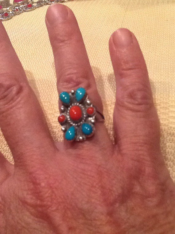Beautiful Navajo, turquoise, coral ring, size 6