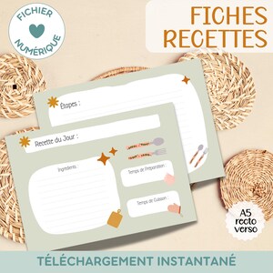 Fiches Recettes de Cuisine, thème vert | Fichier numérique à imprimer