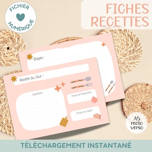 Fiches Recettes de Cuisine, thème rose | Fichier numérique à imprimer