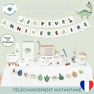 Dinosaur Theme Birthday Decoration Kit, Cute Dinosaur Kids Party, Dino Party DIY | IN FRENCH | Digital file to print