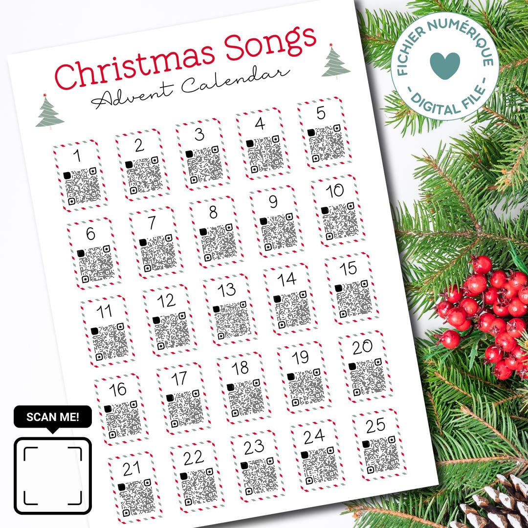 Christmas Songs Advent Calendar Red/green Frames Printable Digital