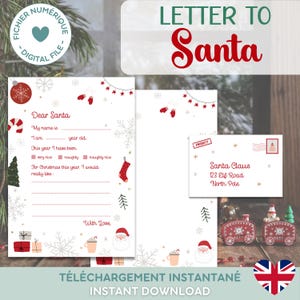 Carta a Papá Noel y sobre a juego, Modelo Navidad rojo y blanco, EN INGLÉS | Archivo digital para imprimir