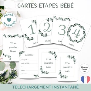Baby-Meilensteinkarten, Eukalyptus-Modell | AUF FRANZÖSISCH | Digitale Datei zum Ausdrucken