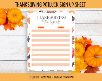 Thanksgiving Potluck Sign Up Sheet, Printable Sign Up