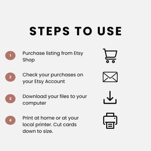 K&ouml;nnte beinhalten: Eine vierstufige Anleitung zur Verwendung von digitalen druckbaren Dateien, die bei Etsy gekauft wurden. Die Schritte sind von 1 bis 4 nummeriert und beinhalten Symbole f&uuml;r einen Einkaufswagen, E-Mail, Download-Pfeil und Drucker.