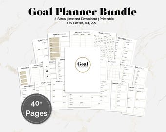 May include: A Goal Planner Bundle with over 40 pages, available in US Letter, A4, and A5 sizes. The bundle includes various planner pages for yearly, project, and wellness goals. The cover features the text "Goal Planner".