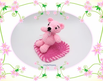 Crochet Pink Bear with Heart Shaped Mat - Stuffed Animal Toy or Nursery Decor