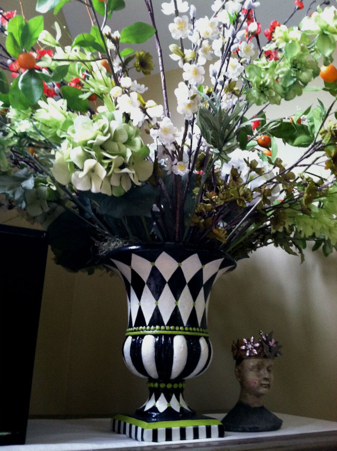 Whimisical Planter Black White Harlequin Diamond Urn LARGE Etsy