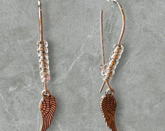 Angel Wing Dangle Earrings: Hypoallergenic Stainless Steel, Glass Seed Beads