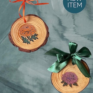 Engraved Wood Chrysanthemum Wall Hanging: Orange or Purple