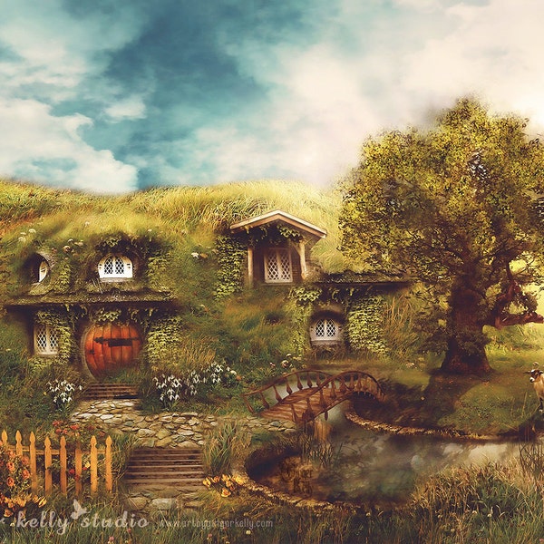 Hobbit House Fantasy Landscape Illustration | The Shire 11x14 Fantasy Art Archive Quality Giclée Print Unframed Made to Order