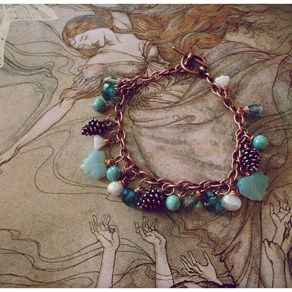 Fairy tale Charm Bracelet, Blue Green Aqua Pearl Water Nymph theme, FREE Aust Shipping