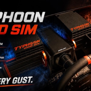 May include: A Maira Typhoon Wind Sim racing simulator setup featuring black fan units with orange text, a steering wheel with orange accents, and a control box. Text on the image includes Maira, Typhoon Wind Sim, and Feel Every Gust.