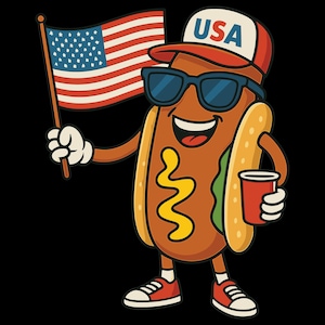 Funny USA Hot Dog PNG | Patriotic 4th of July Cartoon Design | Retro BBQ Summer Sublimation Art | Independence Day Shirt Graphic