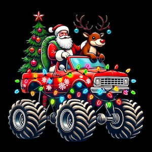 Weihnachtsmann und Rentier auf Monstertruck Weihnachtsdesign - Festlicher Urlaub PNG zur Sublimation - Lustiger digitaler Download - Lustige Kinder Weihnachten