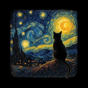 Sternenklare Nacht Katze PNG: Van Gogh Stil Silhouette (Digitaler Download)