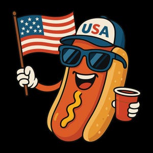 Funny USA Hot Dog PNG | Patriotic 4th of July Cartoon Design | Retro BBQ Summer Sublimation Art | Independence Day Shirt Graphic