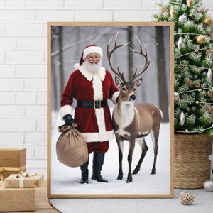 Santa Claus Reindeer Wall Art Print, Forest Snowfall in Winter Printable Christmas Home Decor, Digital Download, Holiday Home Improvement