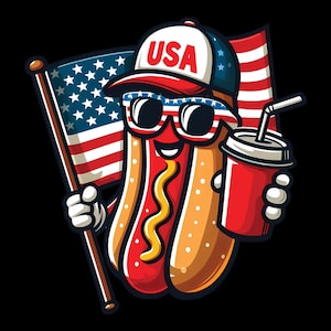 Funny USA Hot Dog PNG | Patriotic 4th of July Cartoon Design | Retro BBQ Summer Sublimation Art | Independence Day Shirt Graphic