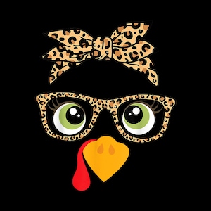 Cara de pavo de Acción de Gracias con gafas y estampado de leopardo PNG - Clipart de Acción de Gracias de moda con gafas y lazo para transferencias de camisetas y manualidades navideñas