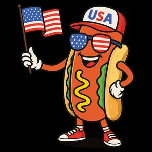 Funny USA Hot Dog PNG | Patriotic 4th of July Cartoon Design | Retro BBQ Summer Sublimation Art | Independence Day Shirt Graphic