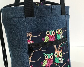 Project bag, Firefly, Bag, By Marilyn, denim bag, travel, Marilyn, handbag, owl, drawstring top, knitting, sewing, crochet supplies.