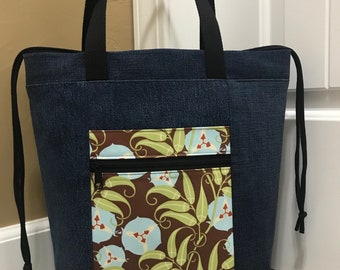 Large Tote, Firefly, Bag, By Marilyn, denim bag, travel, Marilyn, handbag, purse, drawstring top, knitting, sewing, project bag