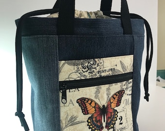 Project bag, Firefly, Bag, By Marilyn, denim bag, travel, Marilyn, handbag, butterfly, drawstring top, knitting, sewing, crochet supplies