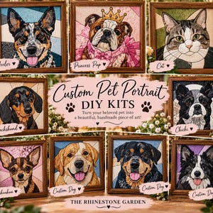 May include: A collection of nine framed pet portraits in a stained-glass style, featuring various dog and cat breeds. The central text reads Custom Pet Portrait DIY KITS, and the bottom text reads THE RHINESTONE GARDEN.