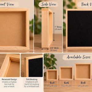 Puede incluir: Un marco cuadrado de madera tipo caja con diseño empotrado, 25 mm de profundidad y 10 mm de ancho. Presenta esquinas de 90 grados y un respaldo de fieltro negro sobre aglomerado. Disponible en tamaños de 10x10, 15x15, 20x20 y 25x25 cm.