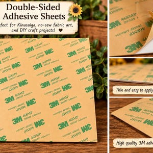 May include: Square double-sided adhesive sheets featuring a tan backing paper printed with a repeating green 3M 468MP logo. The sheets are thin, flat, and designed to be peeled to expose the adhesive layer for various craft applications.