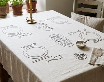 Ręcznie haftowany obrus lniany, minimalistyczny pokrowiec na stół w stylu rustykalnym, naturalny len na zamówienie