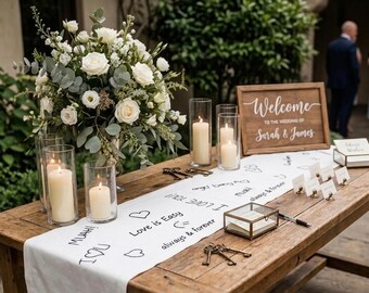 Camino de mesa de lino bordado personalizado para libro de firmas de boda, decoración personalizada para mesa de firmas, recuerdo