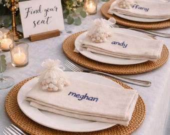 Serwetki lniane haftowane ręcznie, haftowane imiona, nakrycie stołu weselnego, prezent na wieczór panieński