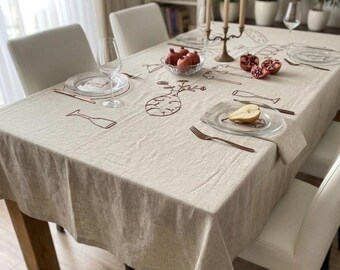 Handgemaakt geborduurd linnen tafelkleed | Rustiek eetdecor, aangepast formaat