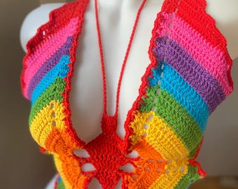 Ręcznie robiony na szydełku top z motylami – strój na festiwal LGBT Pride – tęczowy biustonosz z krótkim rękawem – 25 opcji flag