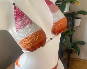 Ręcznie robiony na szydełku top bikini LGBTQ+ 25 z flagami dumy – 100% bawełny, możliwość dopasowania, dostępne w wielu rozmiarach