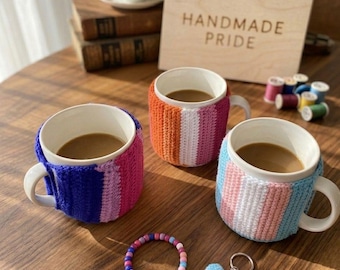 Crochet Pride Mug Cozy – LGBTQ+ Cup Sleeve, 22 Flag Options, Cotton Yarn Warmer