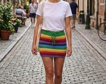 Spersonalizowana mini spódniczka LGBTQ+ szydełkowa – 100% bawełny, 25 kolorów flagi dumy, XS-XL